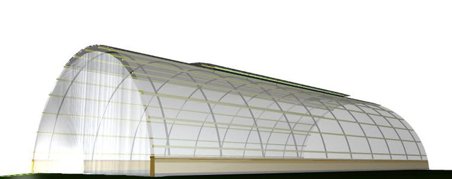 Ontwerp ttransparante romneyloods. Glas, staal, polycarbonaat golfplaat.  