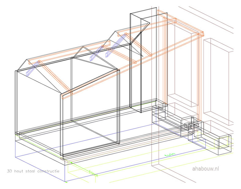 3D bouwtekening met constructies aanbouw