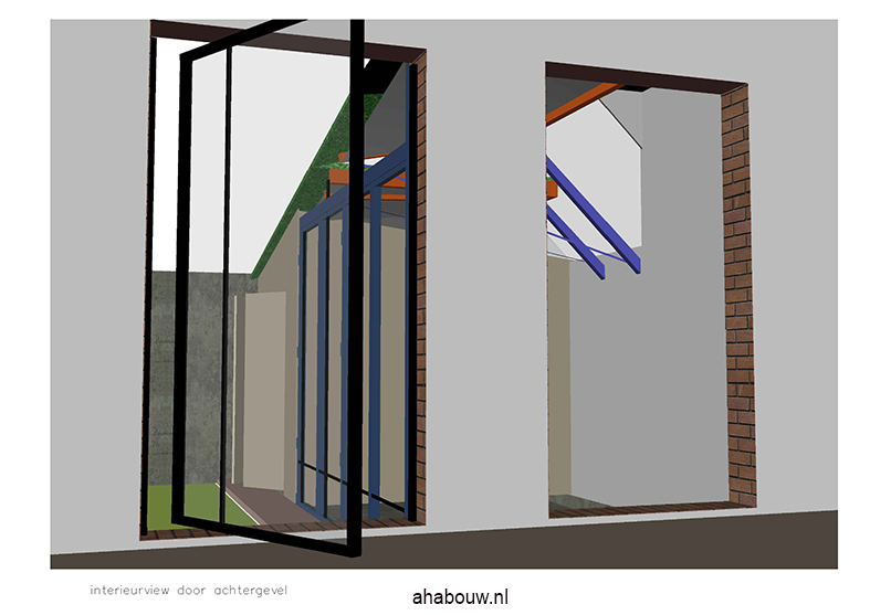 Bouwttekening 3D.  Vanuit interieur door achtergevel naar aanbouw en tuin. 